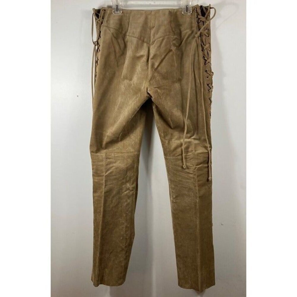 Womens Vintage B Lucid Tan Pig Split Leather Lace Western Cowgirl Pants 12 - Picture 2 of 10